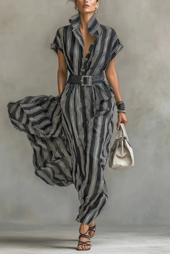 Striped Stand-Collar Blouse Dress