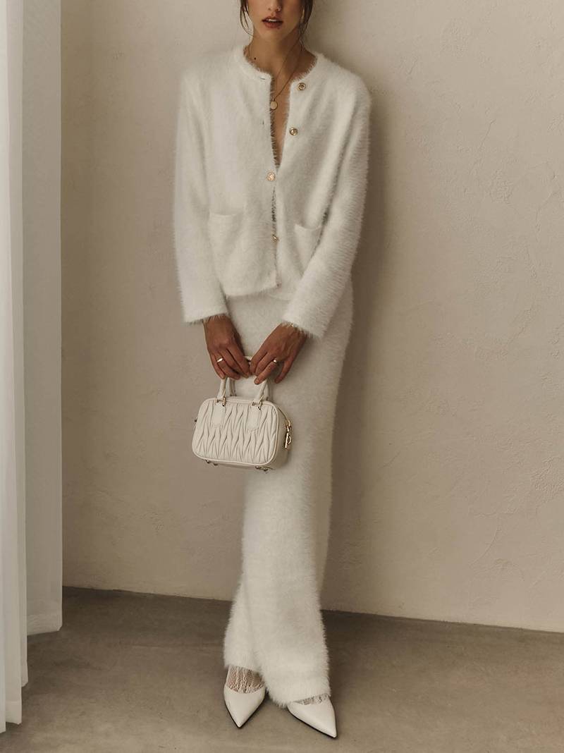 Elegant Knitted Cardigan And Skirt Suit