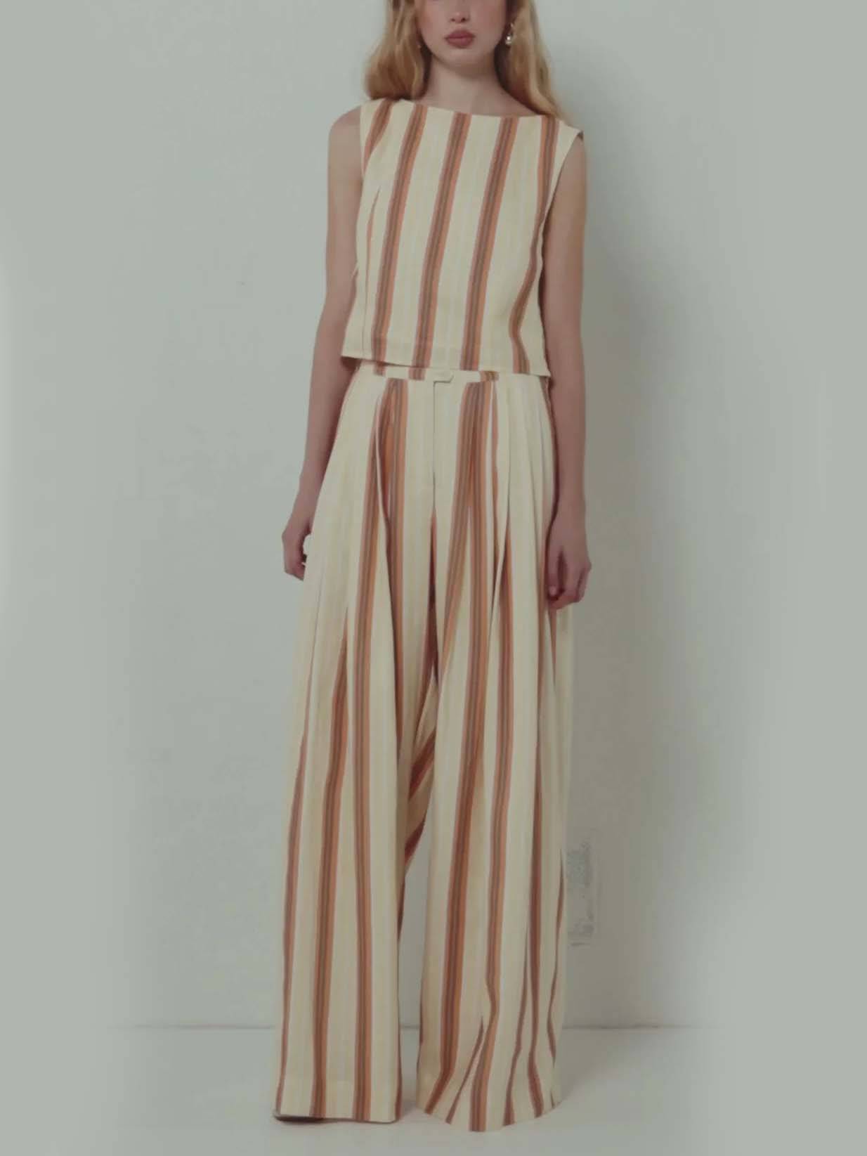 Vertical Stripe Vest And Wide Leg Pants Suit