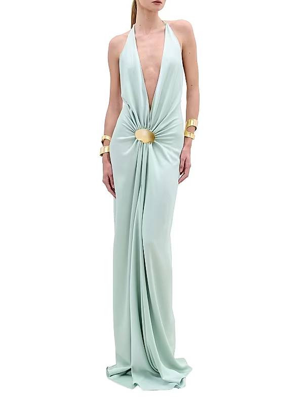 Deep V Halter-Neck Backless Metal Buckle Decoration Maxi Dress