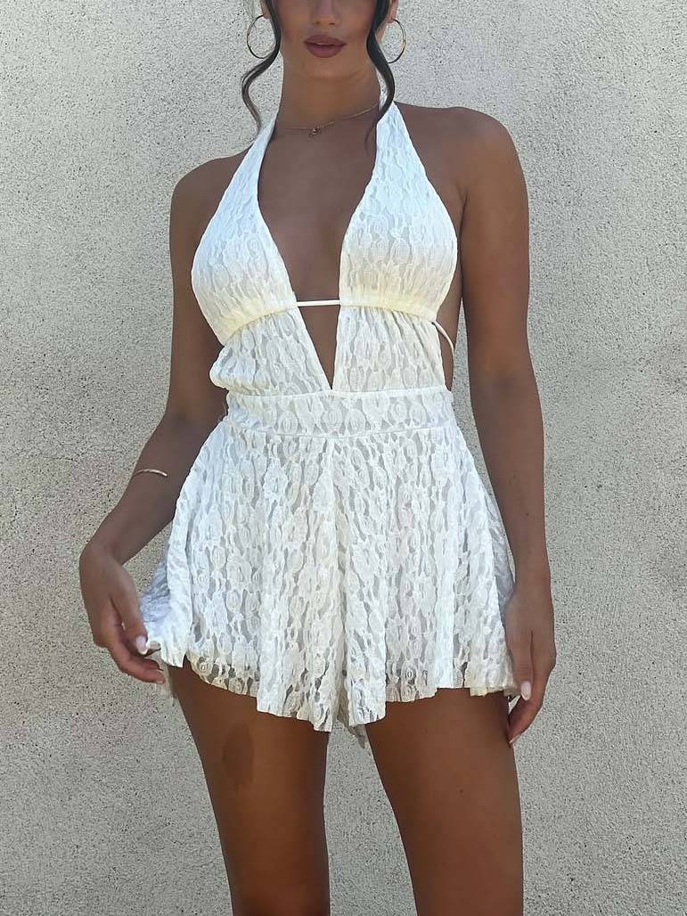 Deep V-Backless Lace Mini Jumpsuit