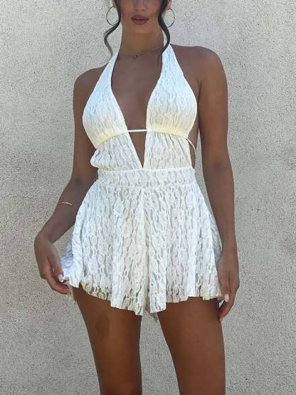 Deep V-Backless Lace Mini Jumpsuit