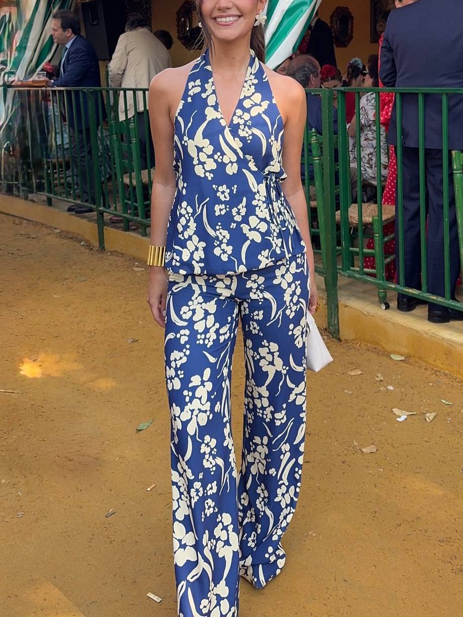 Printed Lace-Up Vest And Pants Suit-Pants