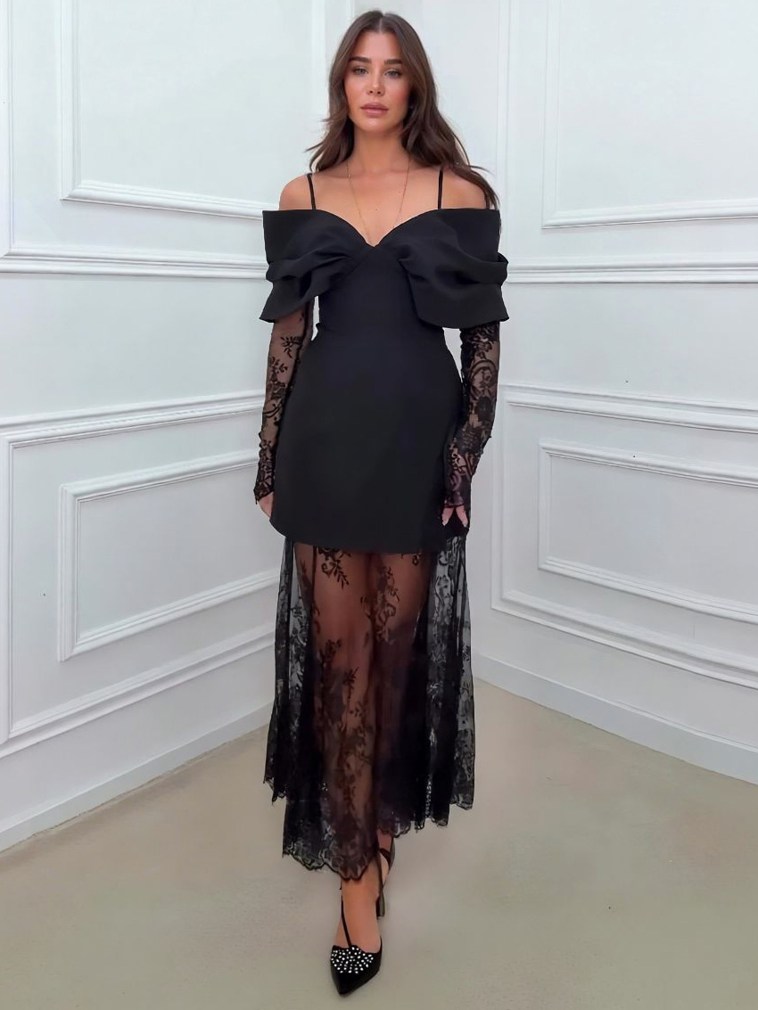 Elegant Detachable Lace Sleeve Dress Set