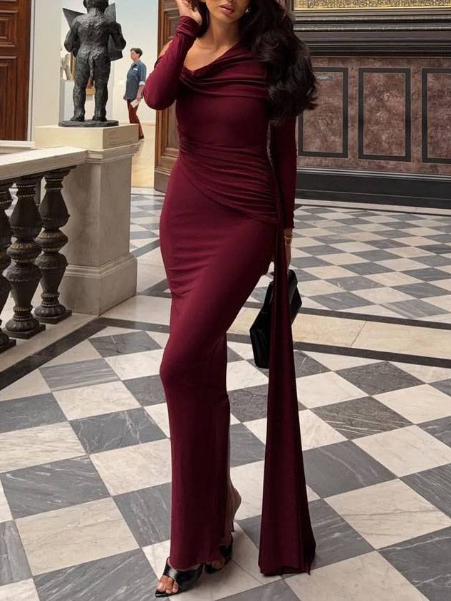 Slant Shoulder Ribbon Design Maxi Dress