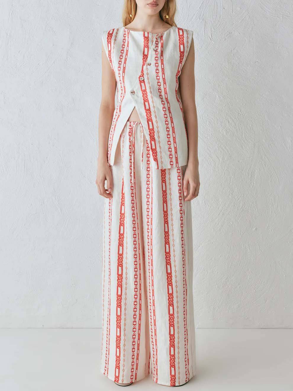 Printed Vest And Wide Leg Pants Suit