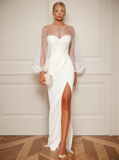 Elegant Beaded Sheer Sleeve Maxi Dress