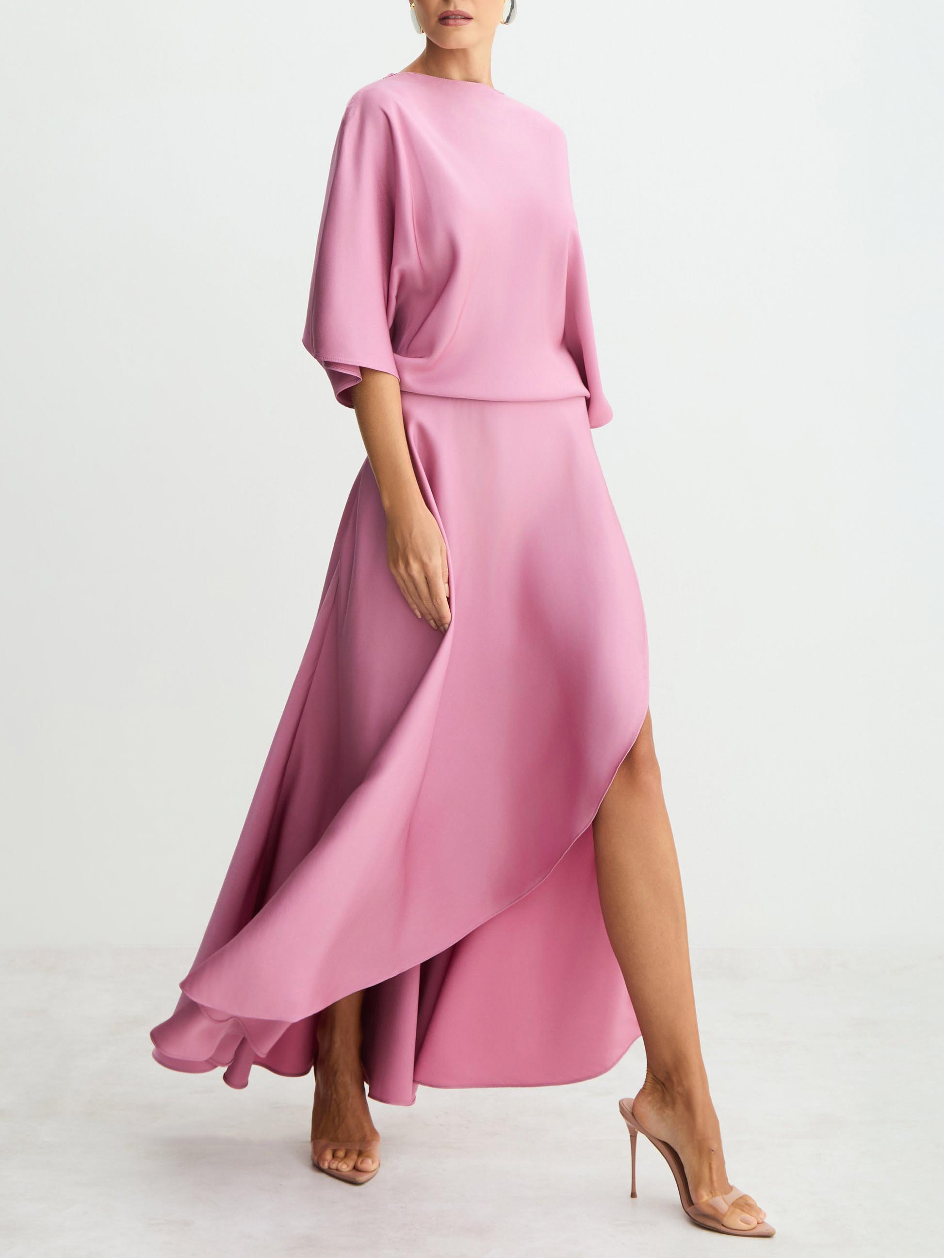 Elegant Satin Flowing Wrap Midi Dress