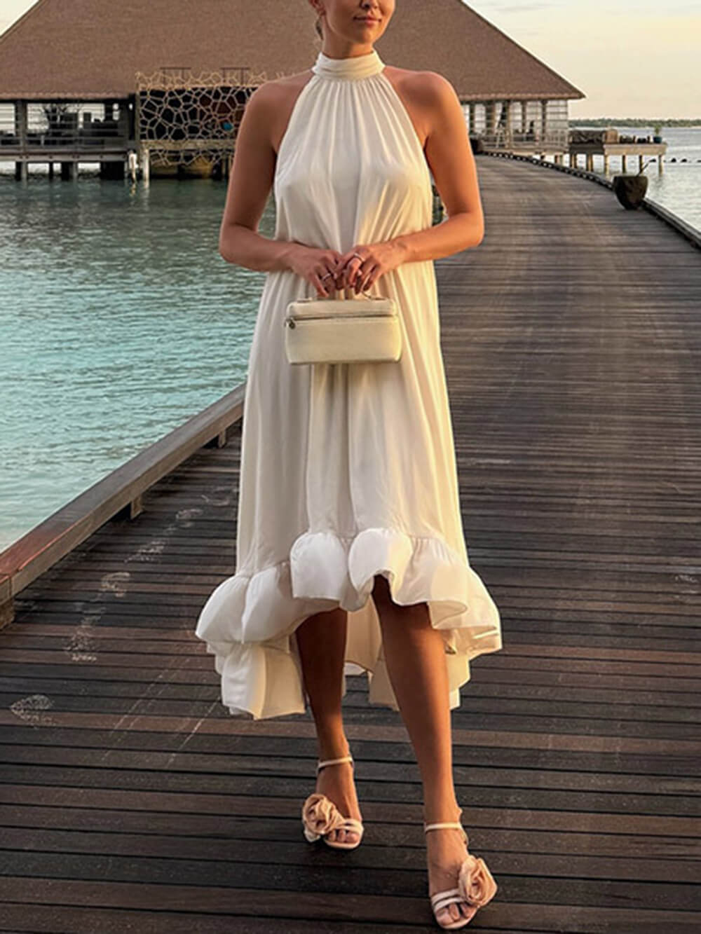 Elegant Ruffled Halter Neck Sleeveless Dress