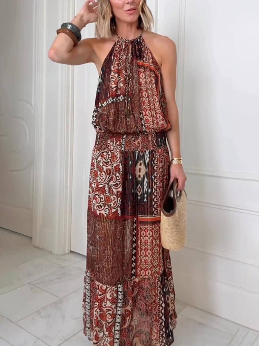 Bohemian Spirit Ethnic Colorblock Print Elastic Waist Resort Style Maxi Dress