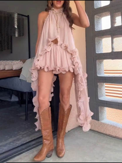 Delicate Romantic Drama Chiffon Wavy Ruffles Elastic Waist Loose Shorts