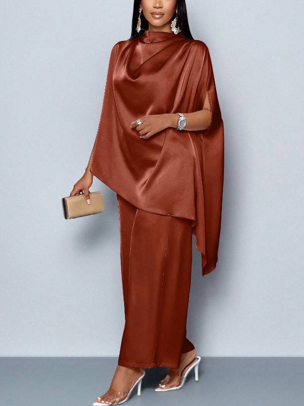 Swing Collar Irregular Hem Shirt And Wide Leg Pants Suit