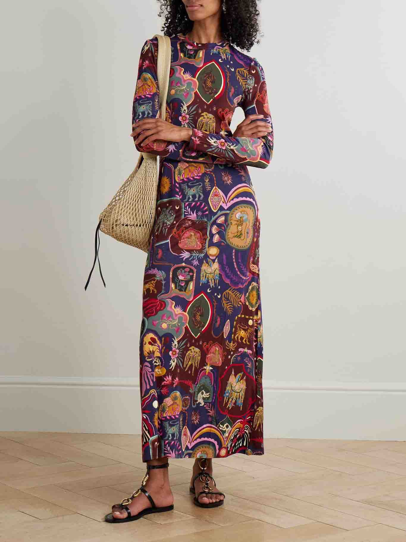 Retro Graphic Print Long-Sleeve Maxi Dress