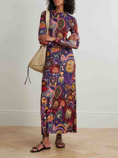 Retro Graphic Print Long-Sleeve Maxi Dress