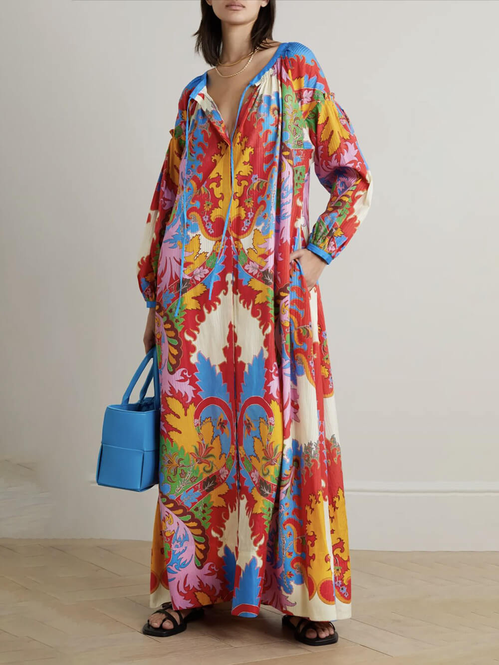 Boho Ethnic Print Loose Pocket Maxi Dress