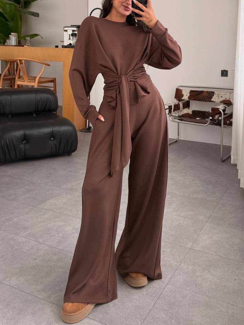 Lace-Up Design Pullover And Wide Leg Pants Suit