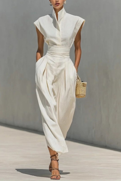 Stand-Collar High-waisted Midi Dress