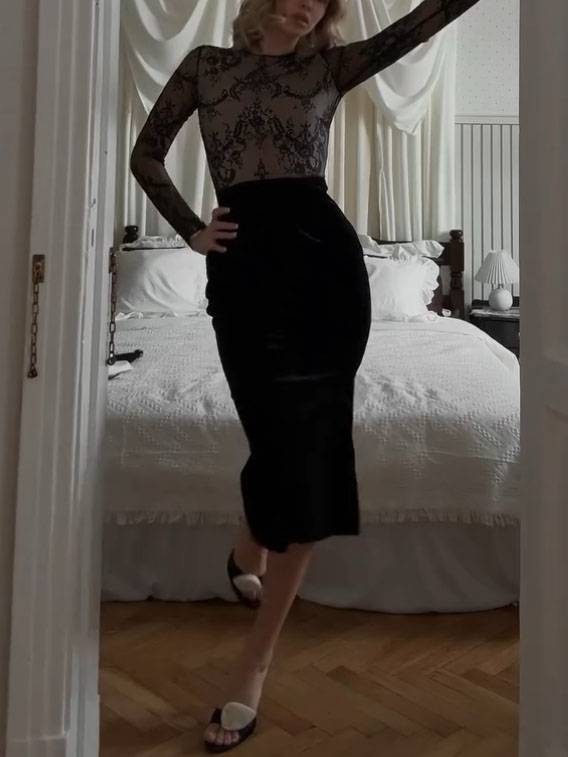 Velvet Lace Splicing Waist Design Dress