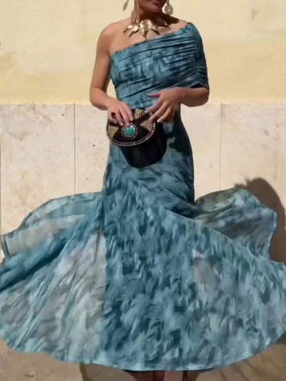 Elegant Abstract Mesh Print Maxi Dress