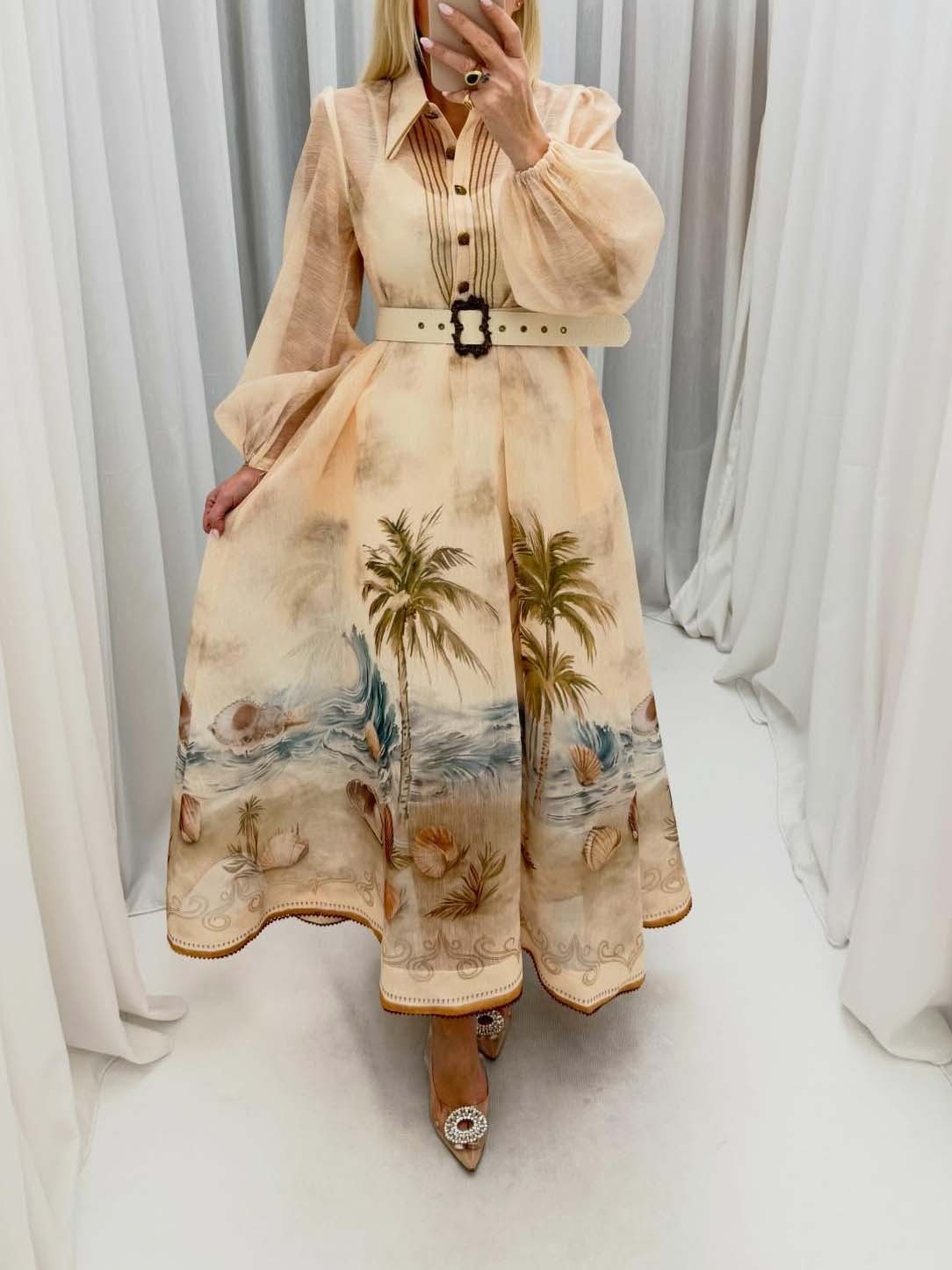 Exquisite Ocean Shell Print Shirt Maxi Dress