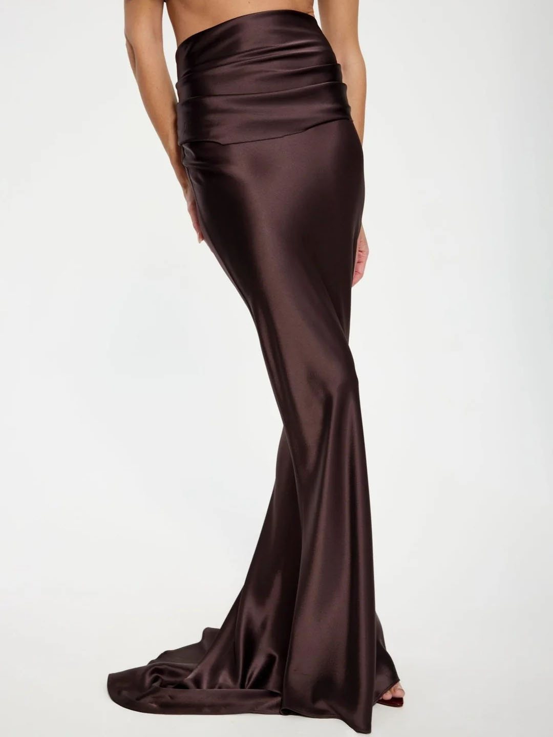 Satin Waist Structured Pleated Draped Maxi Skirt