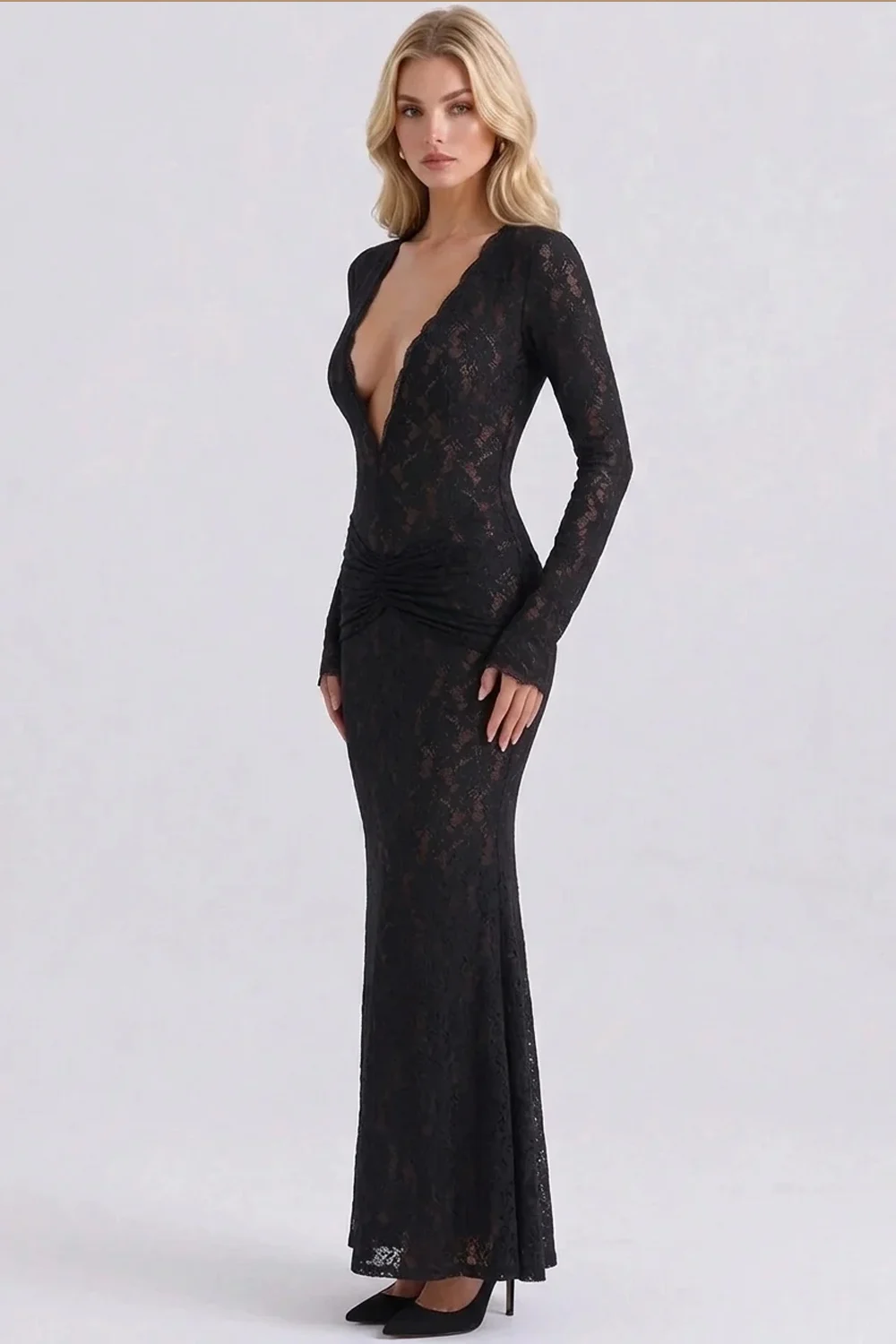 Black Lace Deep Plunge V-Neck Long Sleeve Ruched Bodycon Maxi Evening Dress [erp-image:1f9a09fbfa4cca51d153be5e]