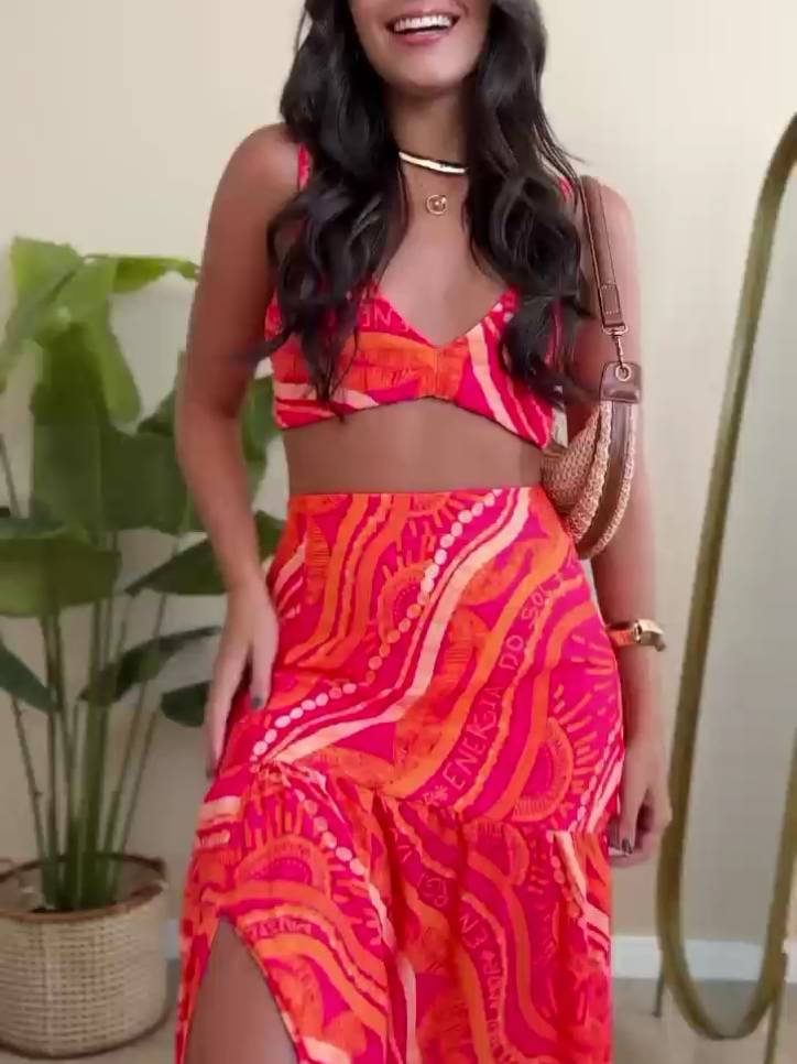 Unique Print Suspender And Skirt Two-Piece Set