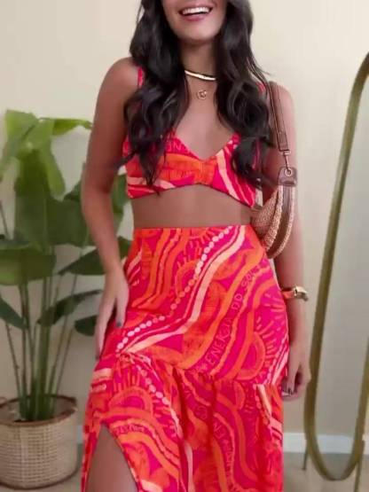 Unique Print Suspender And Skirt Two-Piece Set