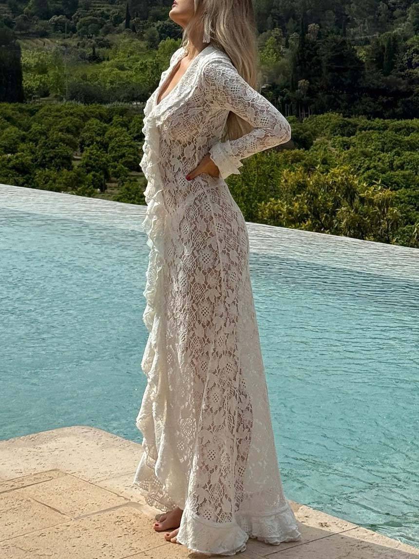 Ruffled Lace Front Slit Maxi Dress