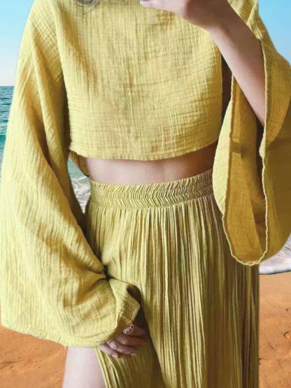 Loose Top and Slit Wide Leg Pants Set