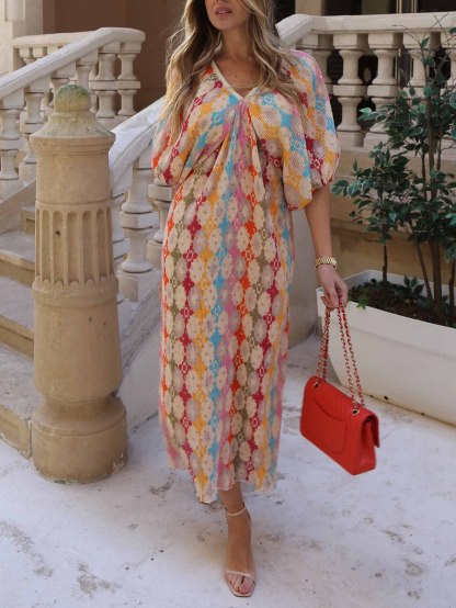 Unique Mosaic Printed Puff Sleeve Pleated Midi Dress