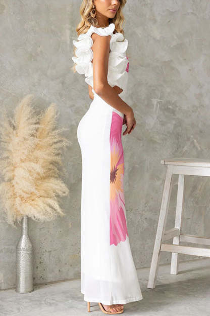 Fashion One Shoulder Floral Print Fitted Maxi Dress