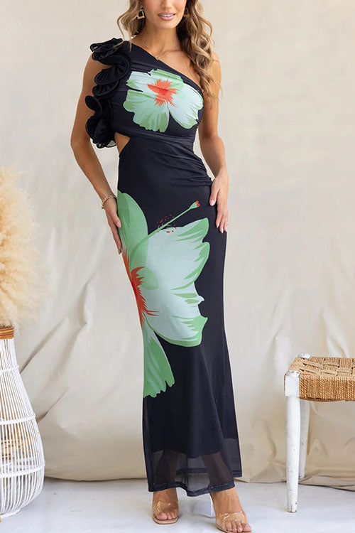 Fashion One Shoulder Floral Print Fitted Maxi Dress