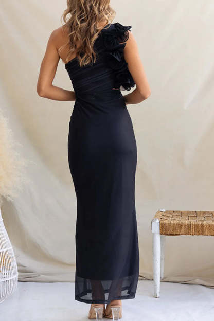 Fashion One Shoulder Floral Print Fitted Maxi Dress