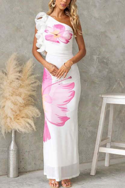 Fashion One Shoulder Floral Print Fitted Maxi Dress