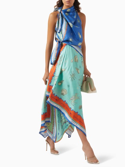 Unique Exquisite Satin Deep Sea Print Scarf Midi Dress