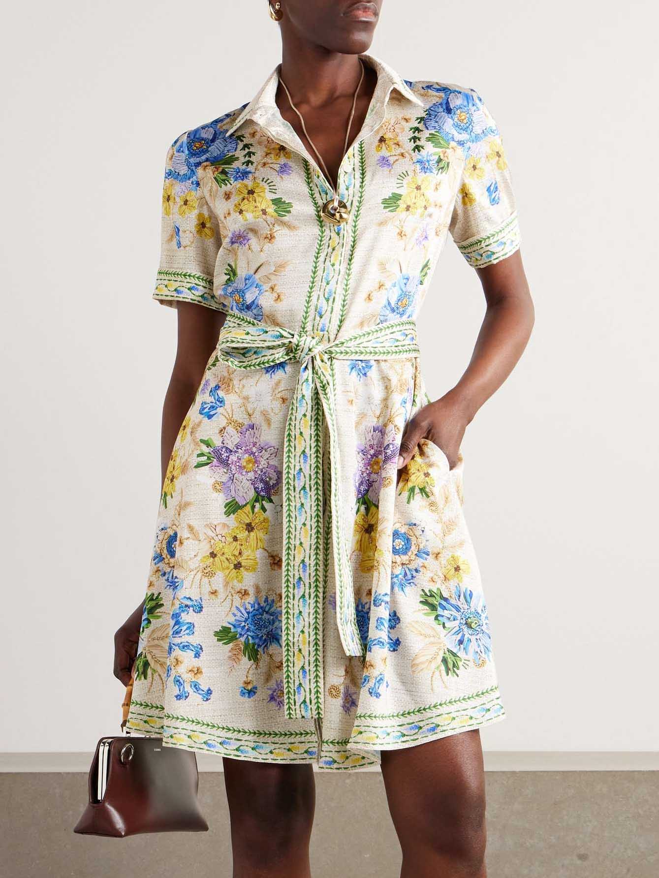 Delicate Belted Floral Print Mini Shirt Dress