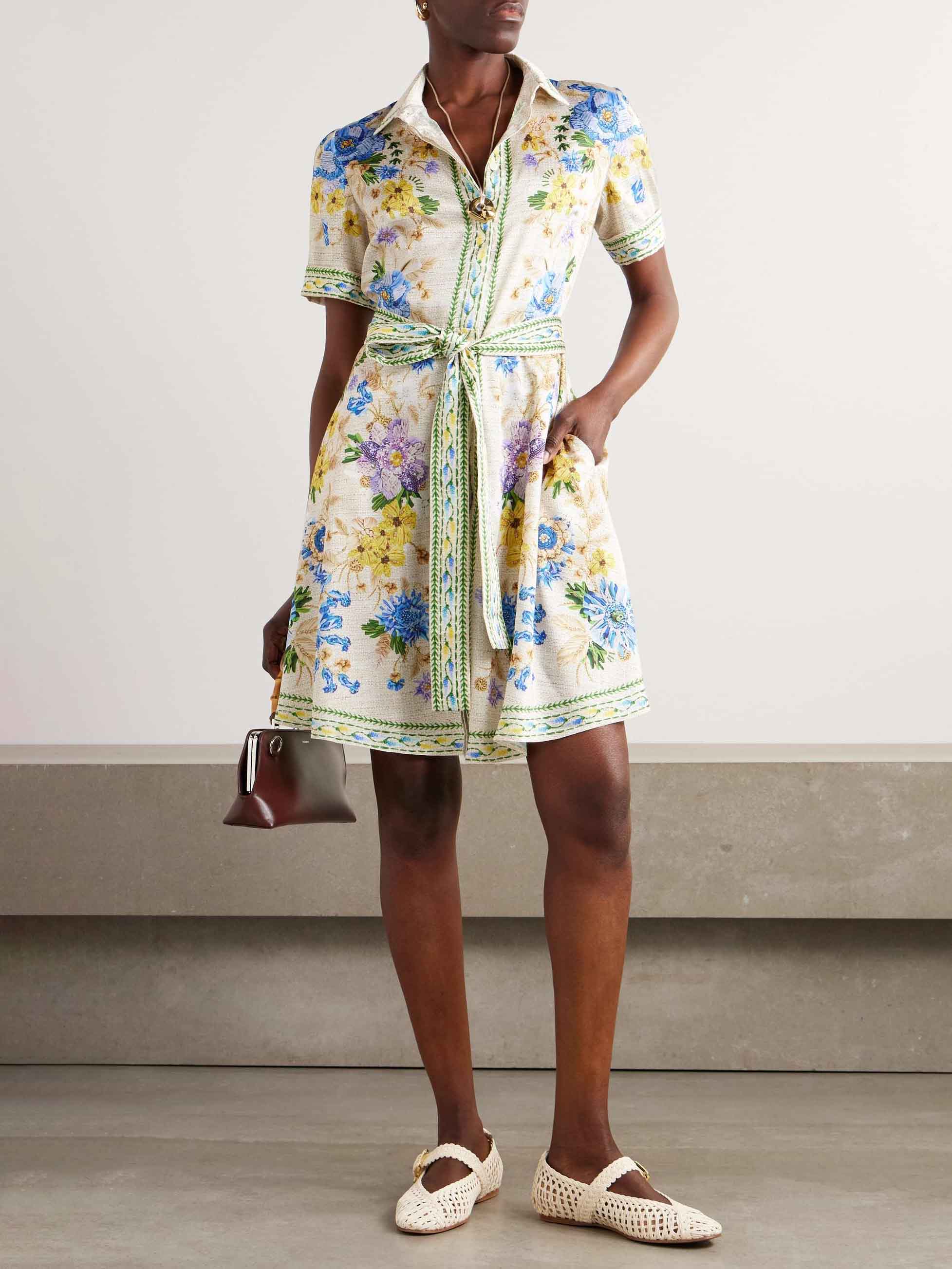 Delicate Belted Floral Print Mini Shirt Dress