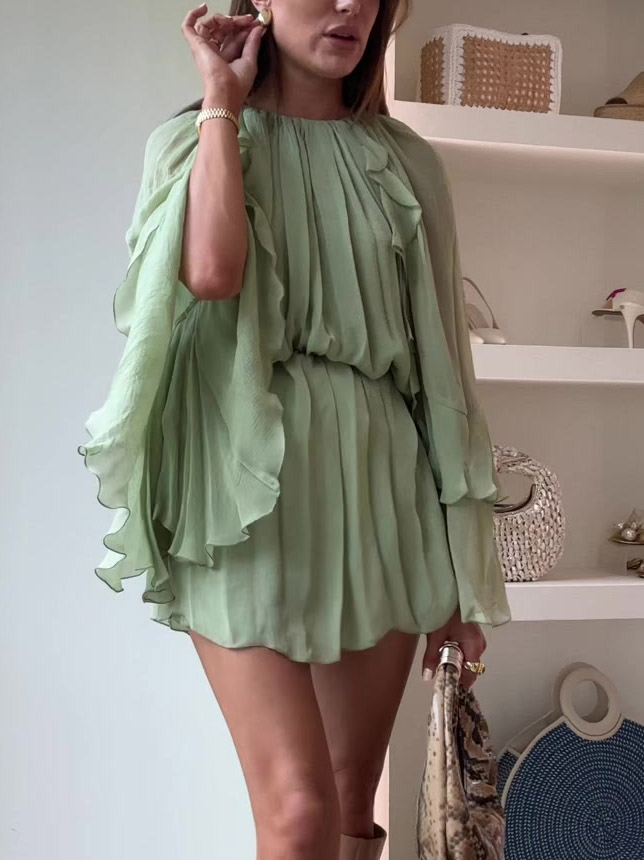Resort Pleated Tiered Ruffle Mini Dress