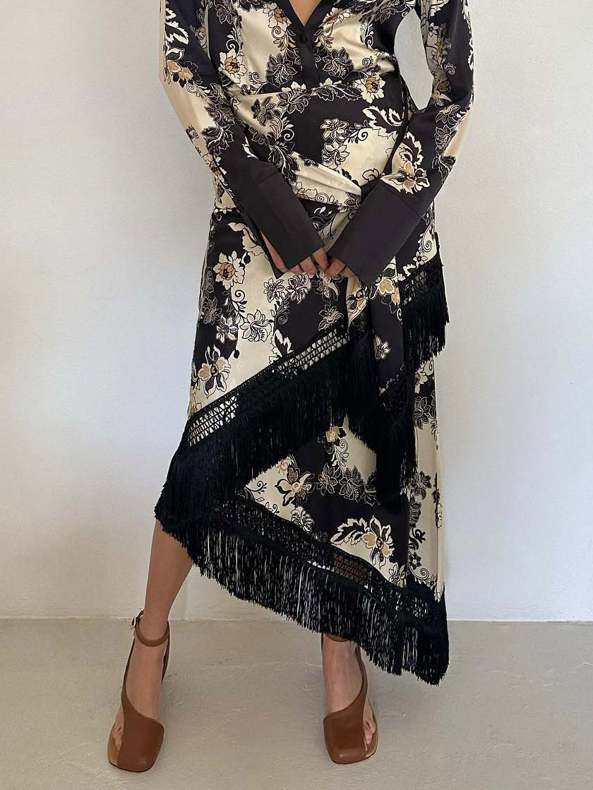 Exquisite Unique Floral Print Irregular Fringe Skirt