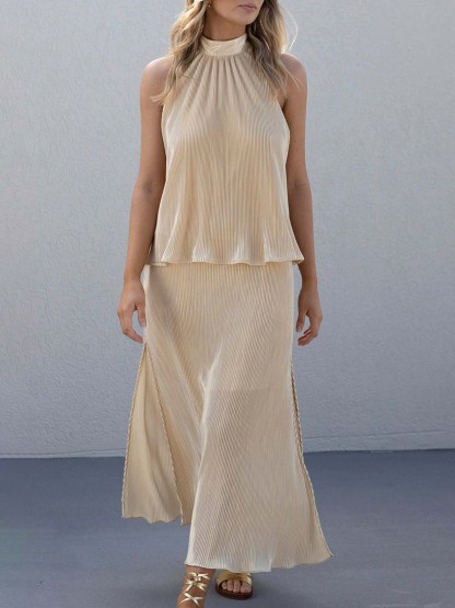 Elegant Pleated Slit Versatile Skirt