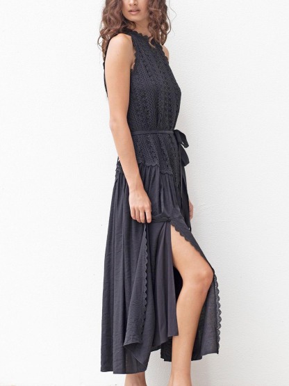 Elegant Casual Lace Panel Slit Midi Dress