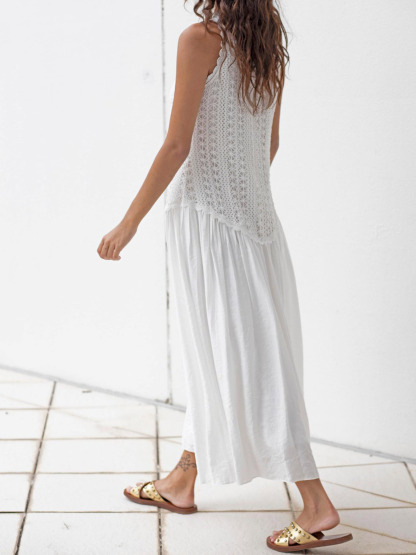 Elegant Casual Lace Panel Slit Midi Dress
