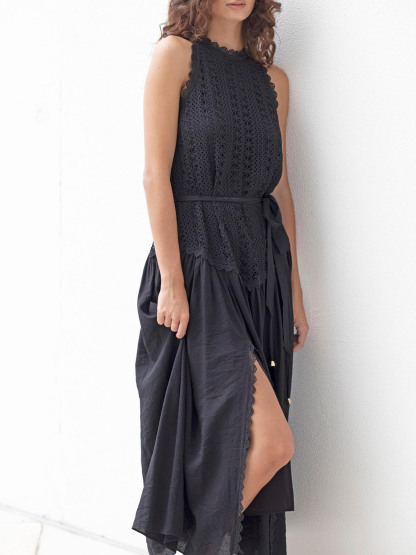 Elegant Casual Lace Panel Slit Midi Dress