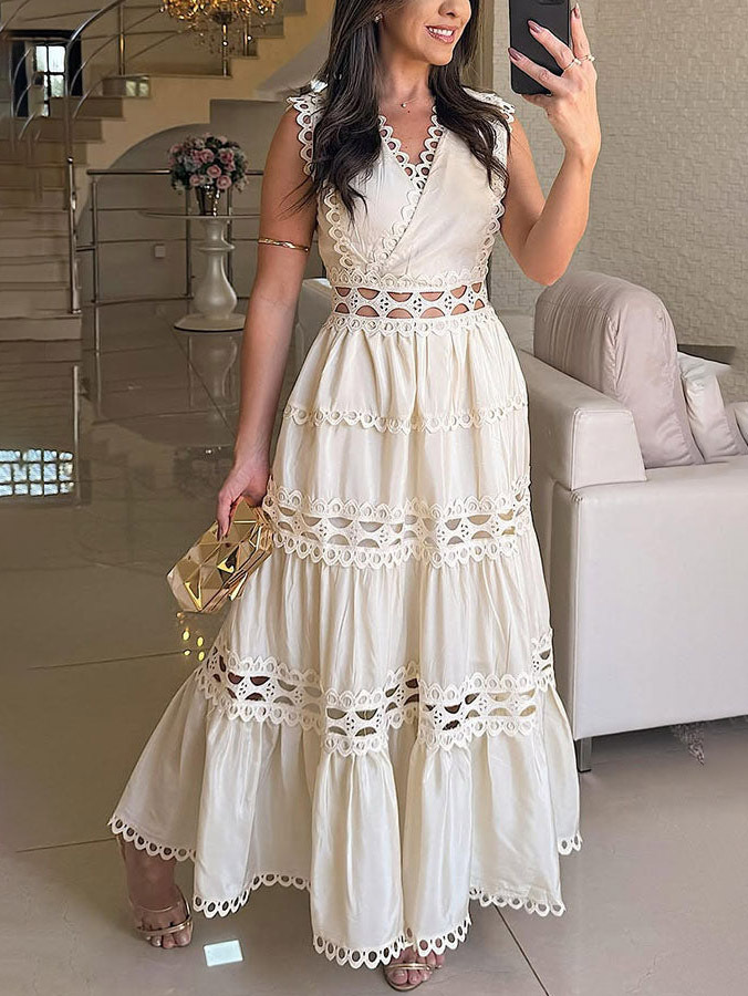 Vintage Sleeveless Lace Embroidered Hollow Maxi Dress
