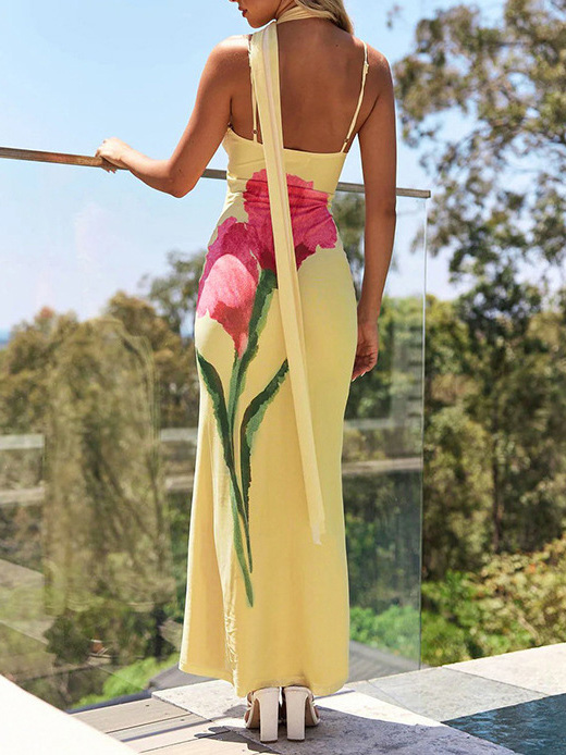 Elegant Painted Flower Print Scarf Ribbon Maxi Dress