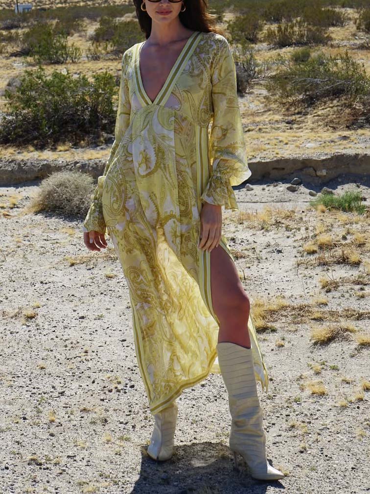 Delicate Deep V-neck Paisley Print Maxi Dress