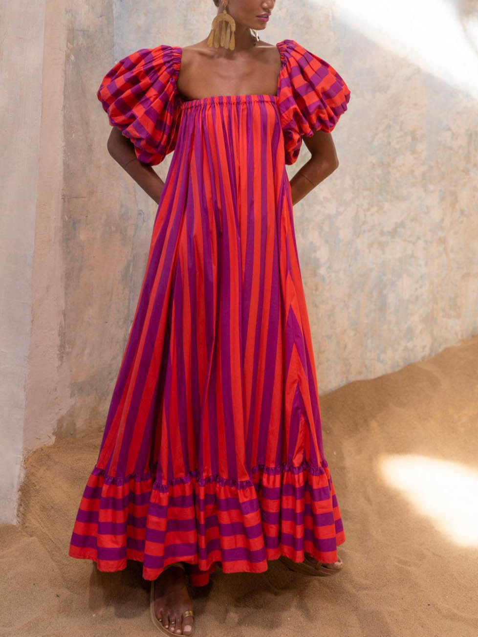 Stunning Unique Stripe Print Puff Sleeve Maxi Dress