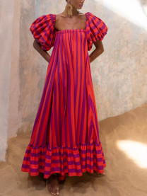 Breezy Striped Print 3/4 Sleeve Maxi Dress