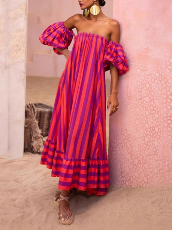 Stunning Unique Stripe Print Puff Sleeve Maxi Dress